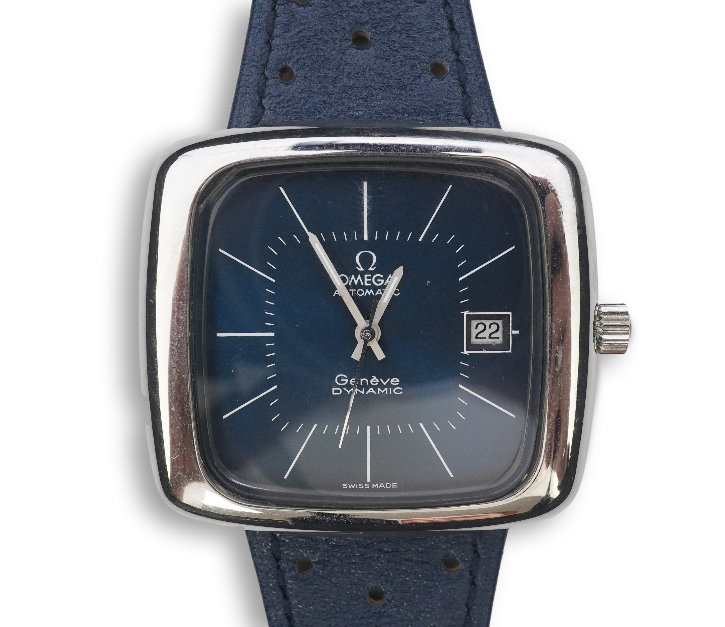 A gentleman's 1970's stainless steel Omega Automatic Dynamic wrist watch, on a later associated leather strap